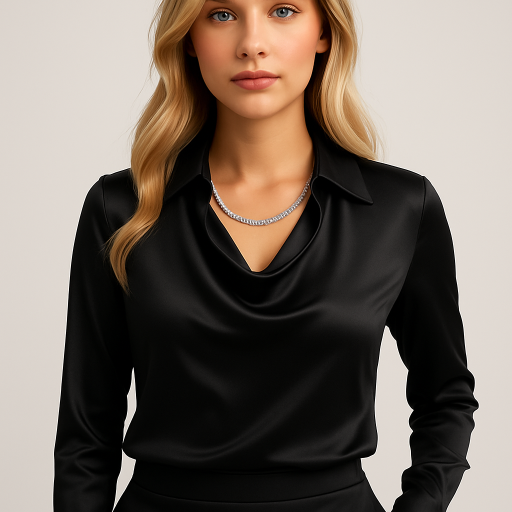 Isabella De Cortena | White Satin Blouse with Waterfall Neckline