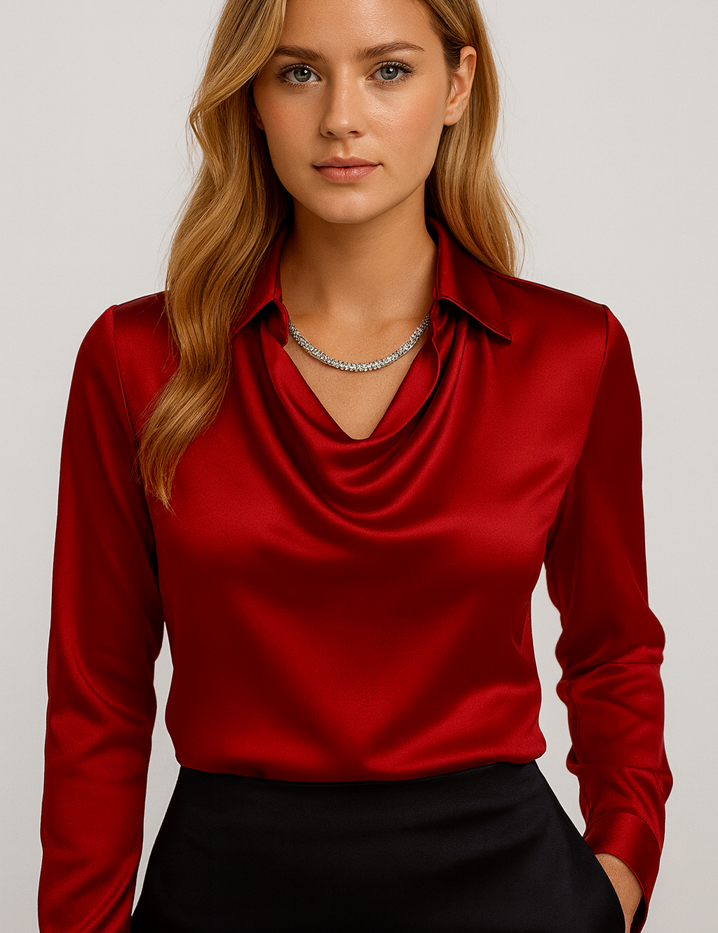 Isabella De Cortena | White Satin Blouse with Waterfall Neckline