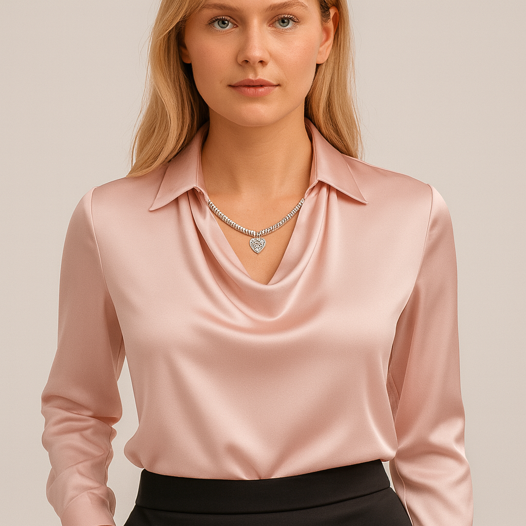 Isabella De Cortena | White Satin Blouse with Waterfall Neckline