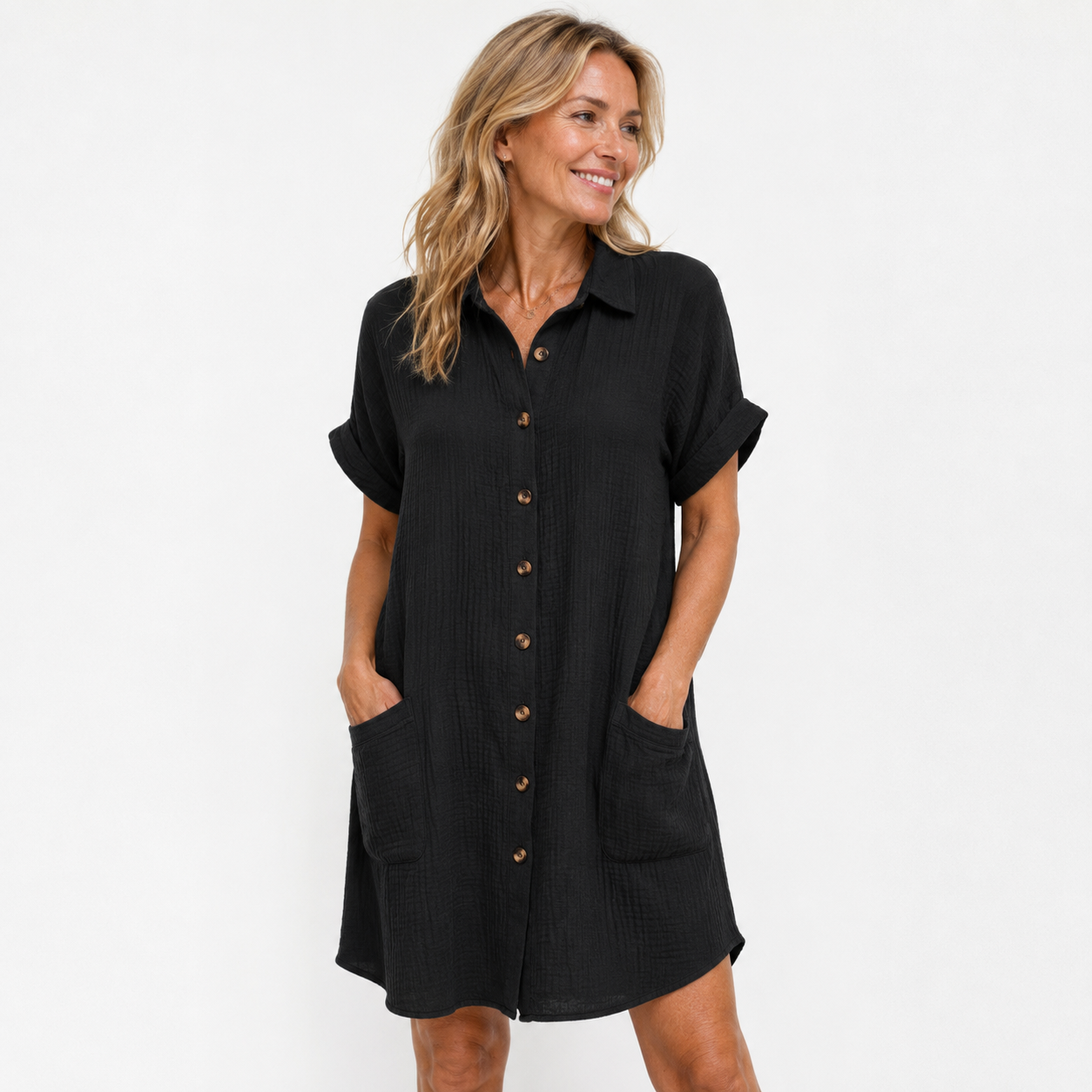 Priya Ashworth | Button-Through Cotton Gauze Shirt Dress with Pockets