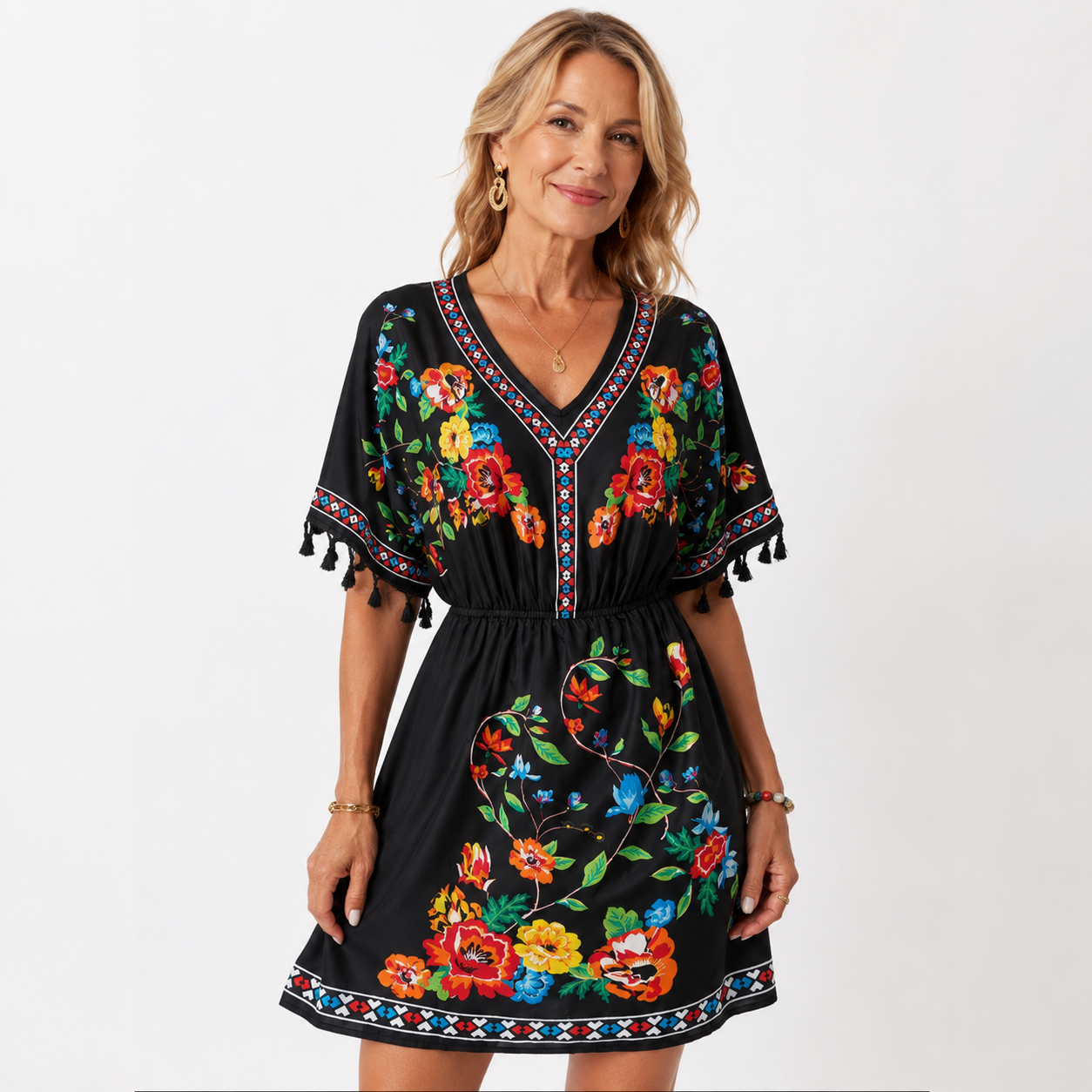 Esmeralda Fuentes | Bohemian Floral Print Mini Dress with Tassel Trim