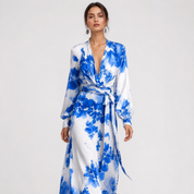 Isadora Veltri | Chiffon Floral Maxi Dress Deep V Lantern Sleeve