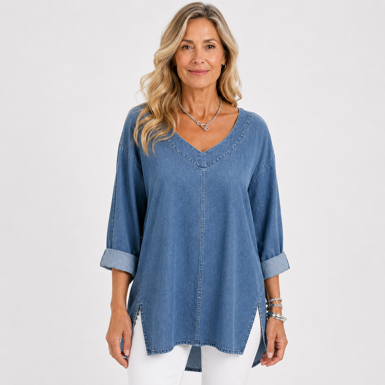 Saoirse Callahan | Washed Denim V-Neck Tunic Top with Side Splits