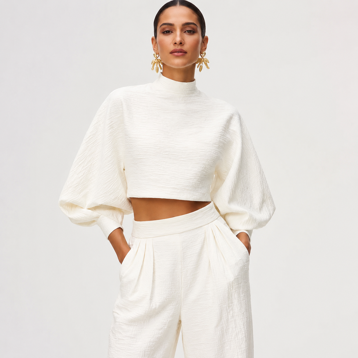 Théa Montclair | White Textured Crop Top & Wide-Leg Trouser Set