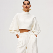 Théa Montclair | White Textured Crop Top & Wide-Leg Trouser Set
