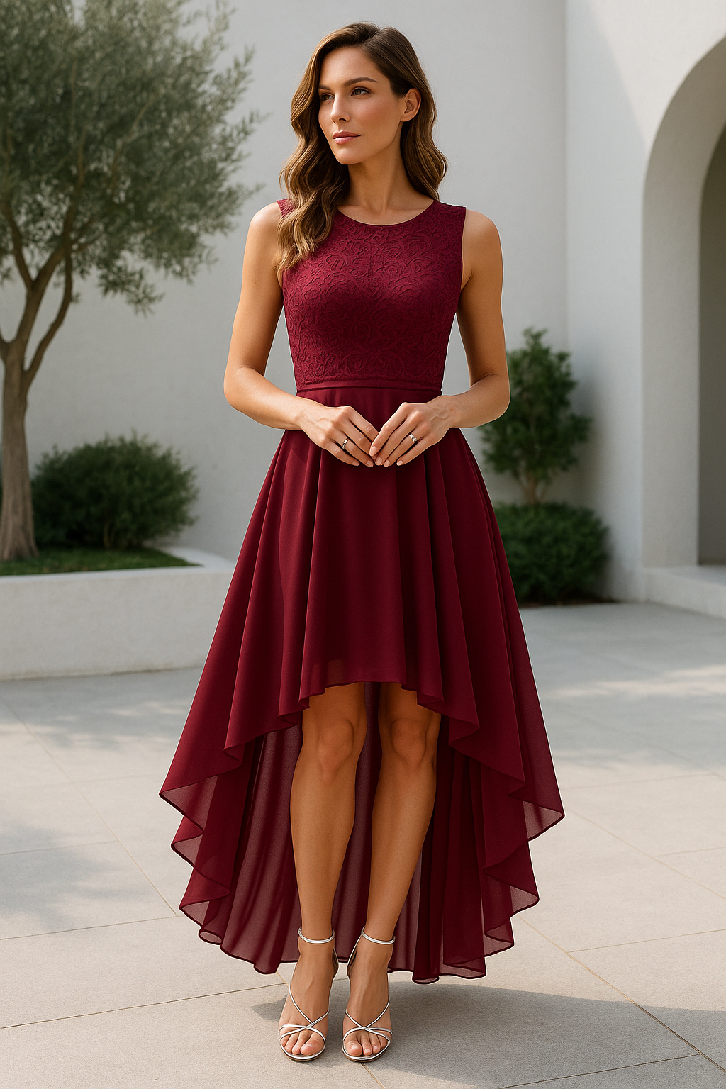 Ophelia Renard | Asymmetrical High-Low Evening Dress in Burgundy Lace
