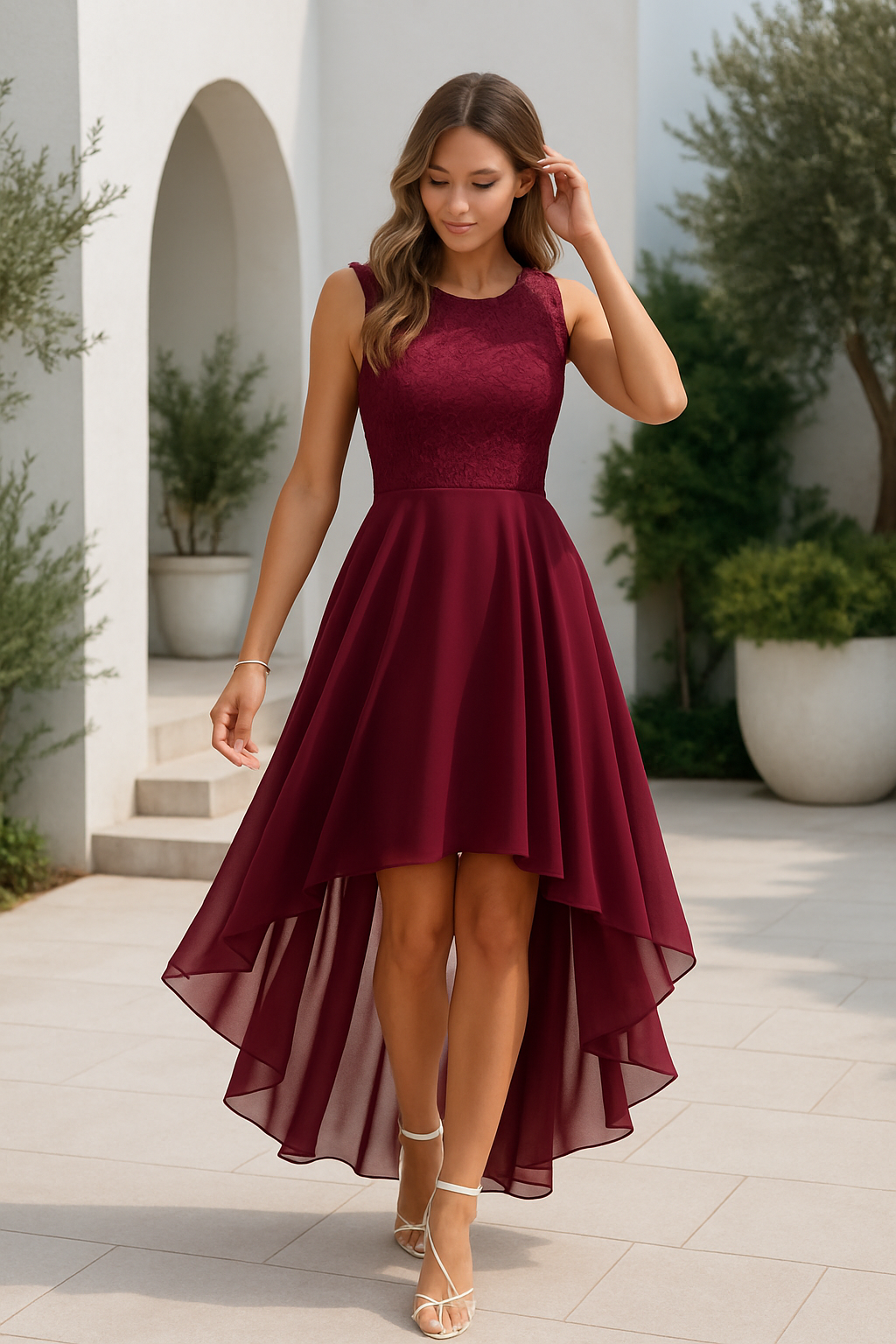 Ophelia Renard | Asymmetrical High-Low Evening Dress in Burgundy Lace