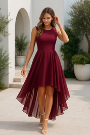 Ophelia Renard | Asymmetrical High-Low Evening Dress in Burgundy Lace