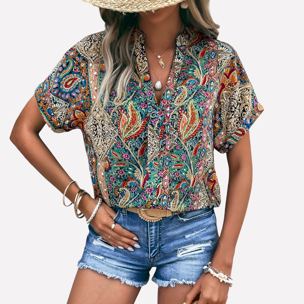 Olivia Farrow | Paisley Print V-Neck Blouse With Drop-Shoulder Sleeves