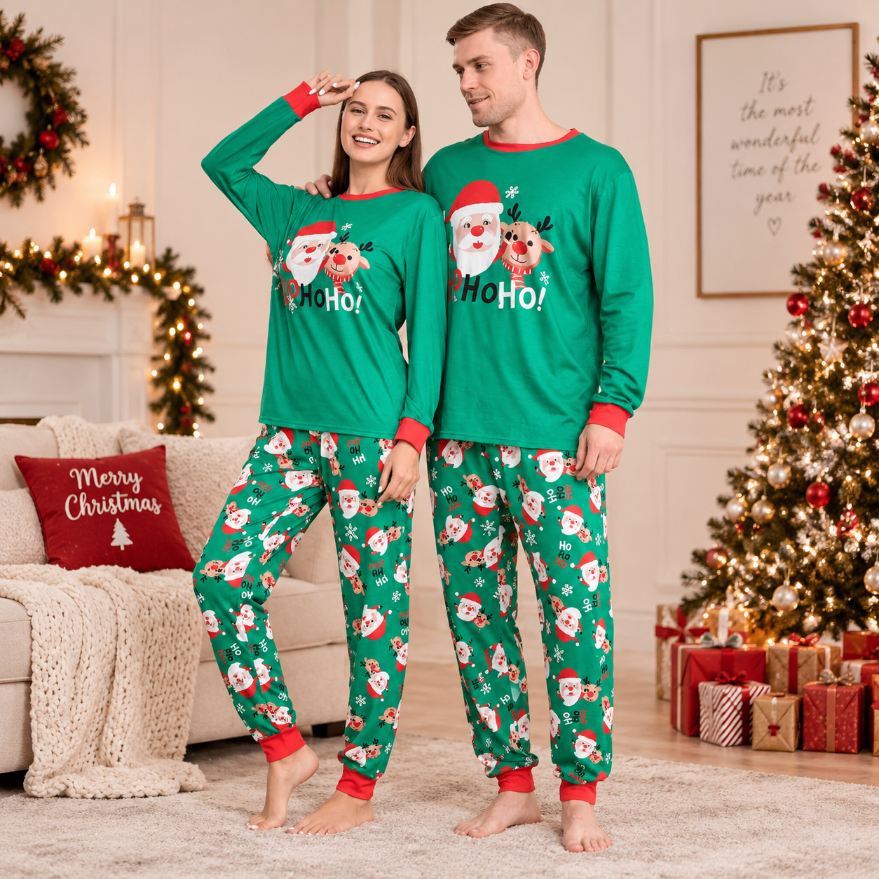 Holly | Pyjamas de Noël Vert à imprimé Père Noël et rennes pour homme et femme / unisexes