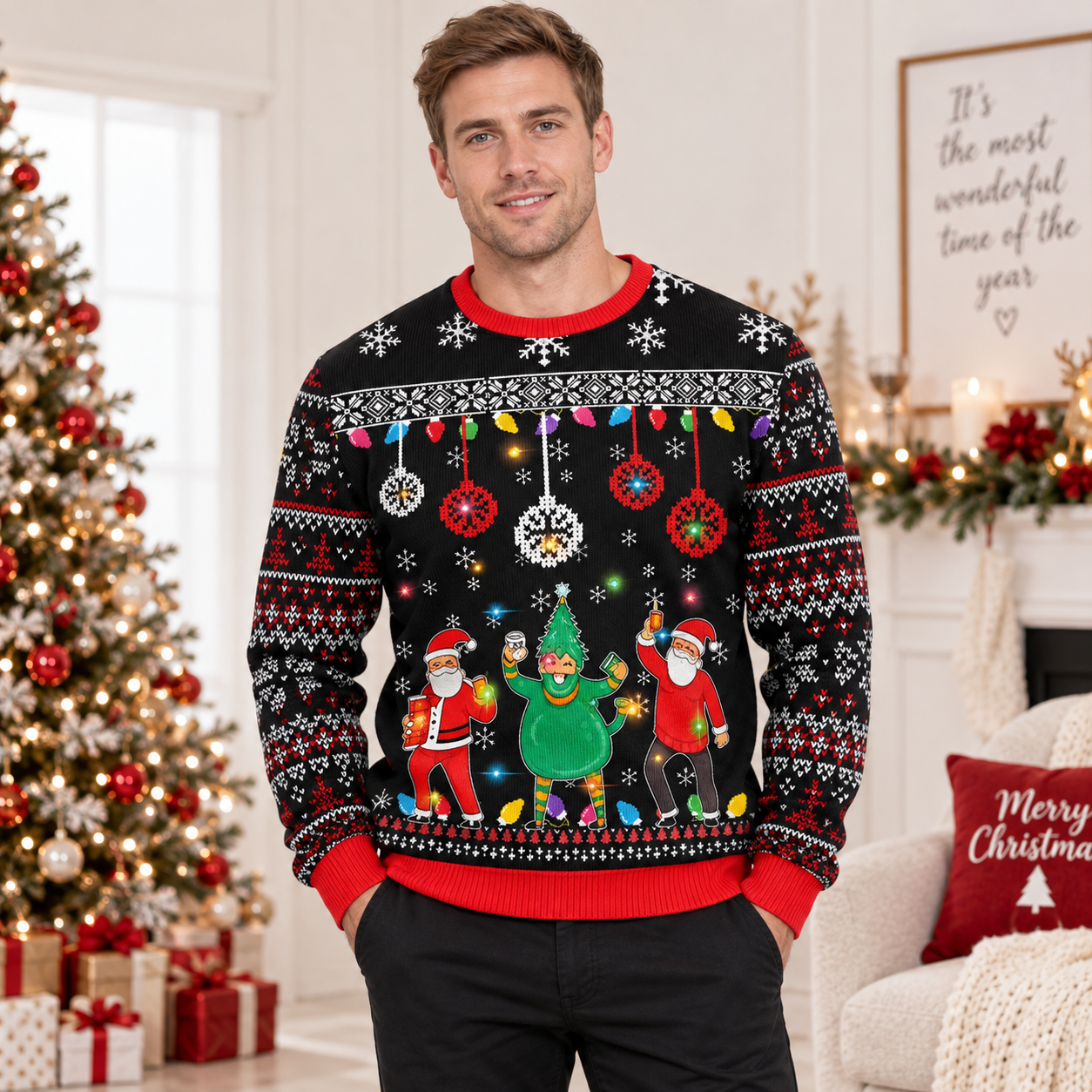 Merry Buck | Pull de Noël noir à imprimé Père Noël dansant pour homme