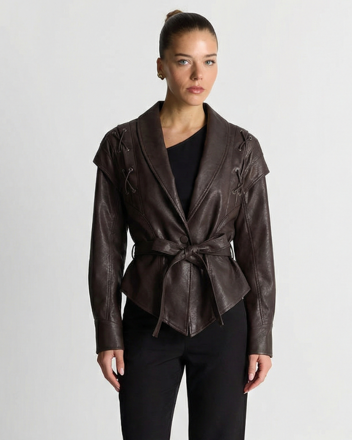 Clara Beaumont | Sculpted Belted Leather Jacket For Women