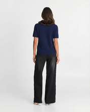 Céliane Dorthois | Knitted Navy Cardigan Top with Leopard Faux Fur Collar