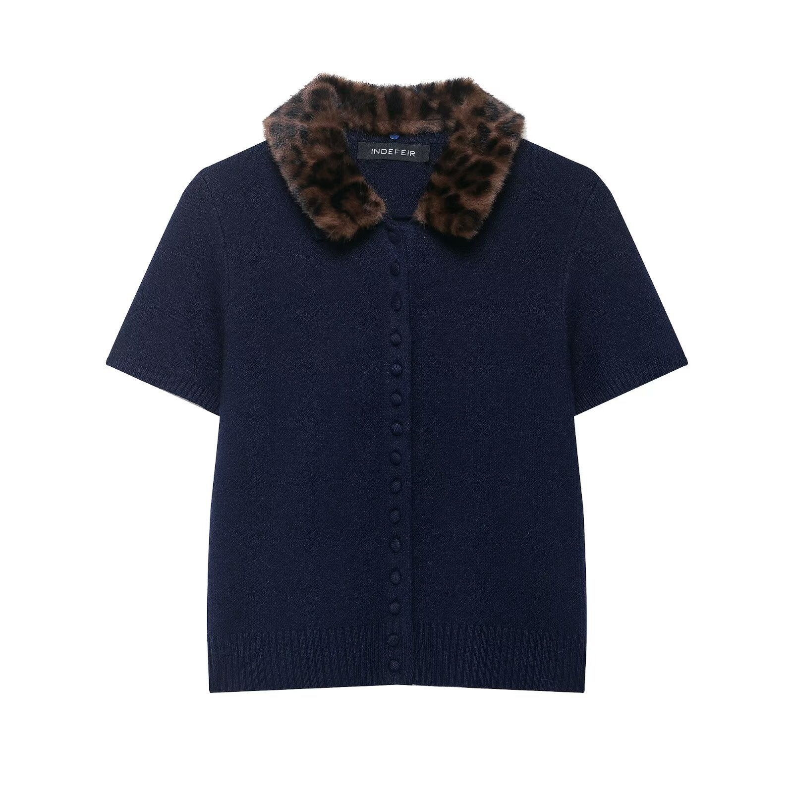 Céliane Dorthois | Knitted Navy Cardigan Top with Leopard Faux Fur Collar
