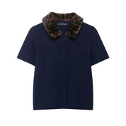 Céliane Dorthois | Knitted Navy Cardigan Top with Leopard Faux Fur Collar