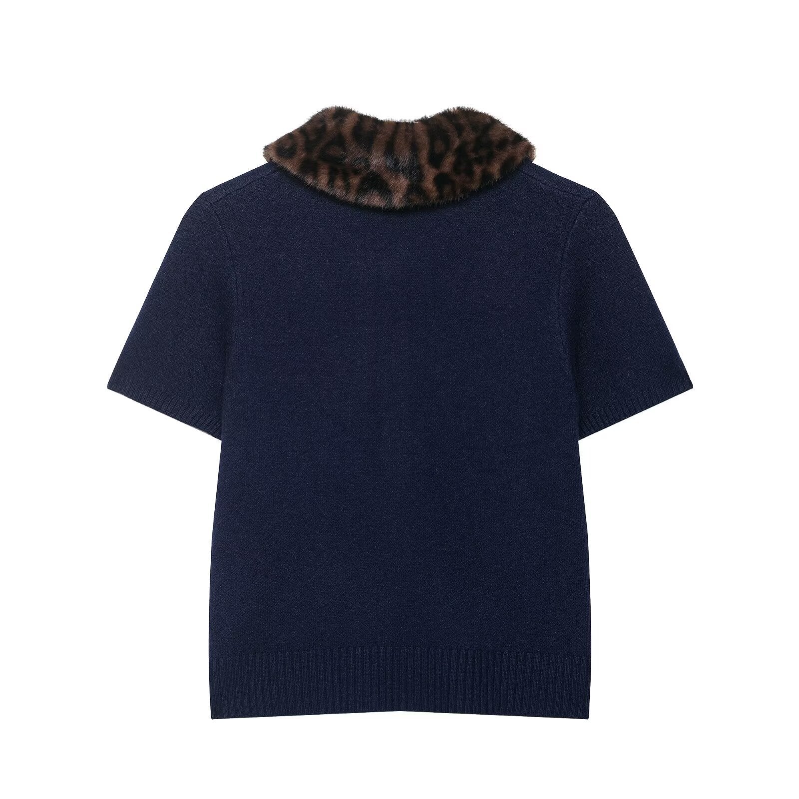 Céliane Dorthois | Knitted Navy Cardigan Top with Leopard Faux Fur Collar