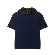 Céliane Dorthois | Knitted Navy Cardigan Top with Leopard Faux Fur Collar