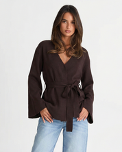 Colette Dravigne | Elegant Wrap Blouse Brown Long Sleeve Belted V-Neck