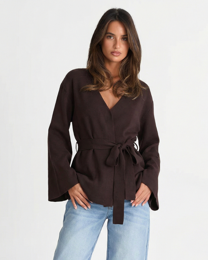 Colette Dravigne | Elegant Wrap Blouse Brown Long Sleeve Belted V-Neck
