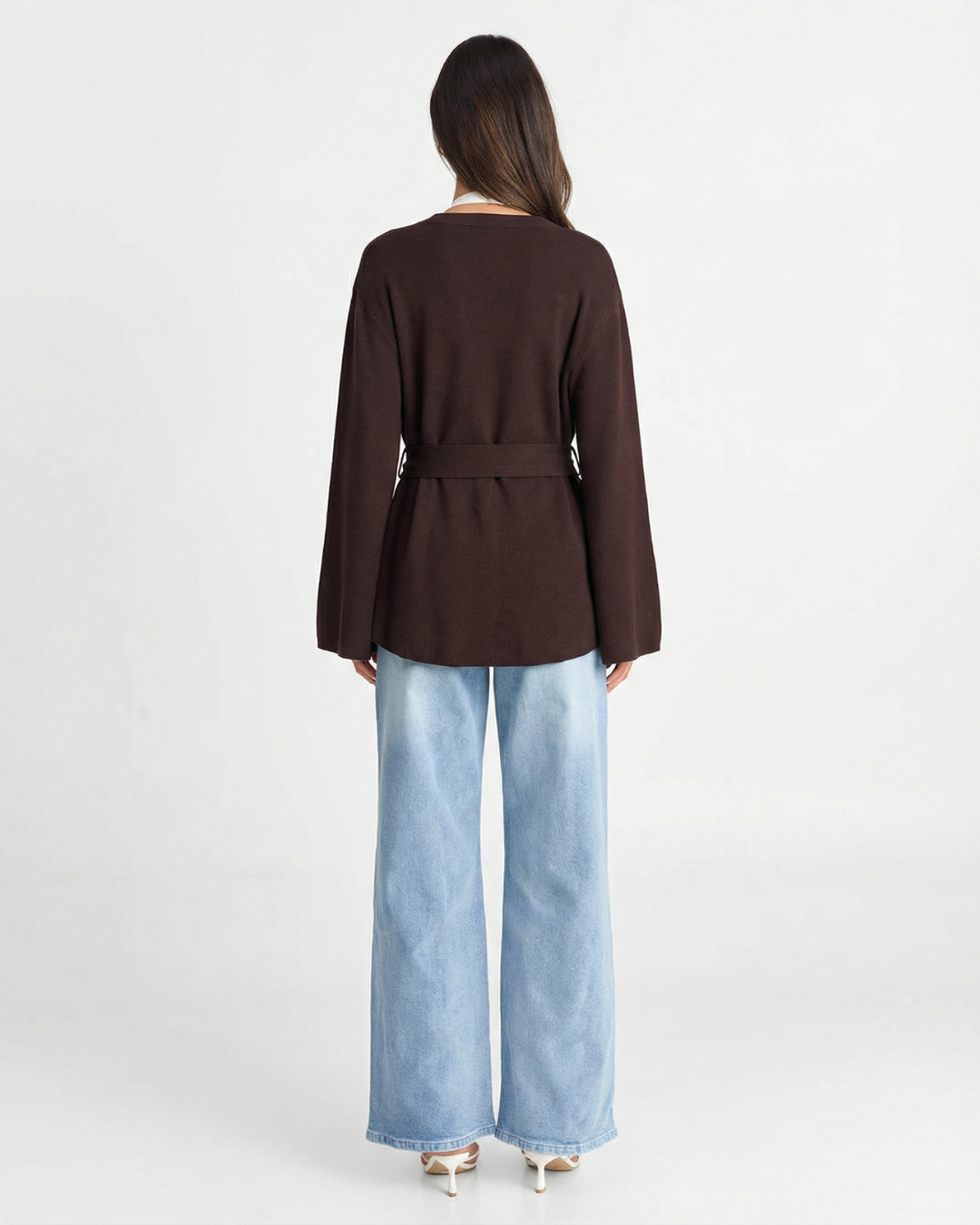 Colette Dravigne | Elegant Wrap Blouse Brown Long Sleeve Belted V-Neck