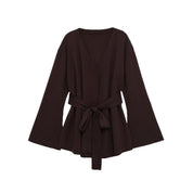 Colette Dravigne | Elegant Wrap Blouse Brown Long Sleeve Belted V-Neck