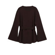 Colette Dravigne | Elegant Wrap Blouse Brown Long Sleeve Belted V-Neck