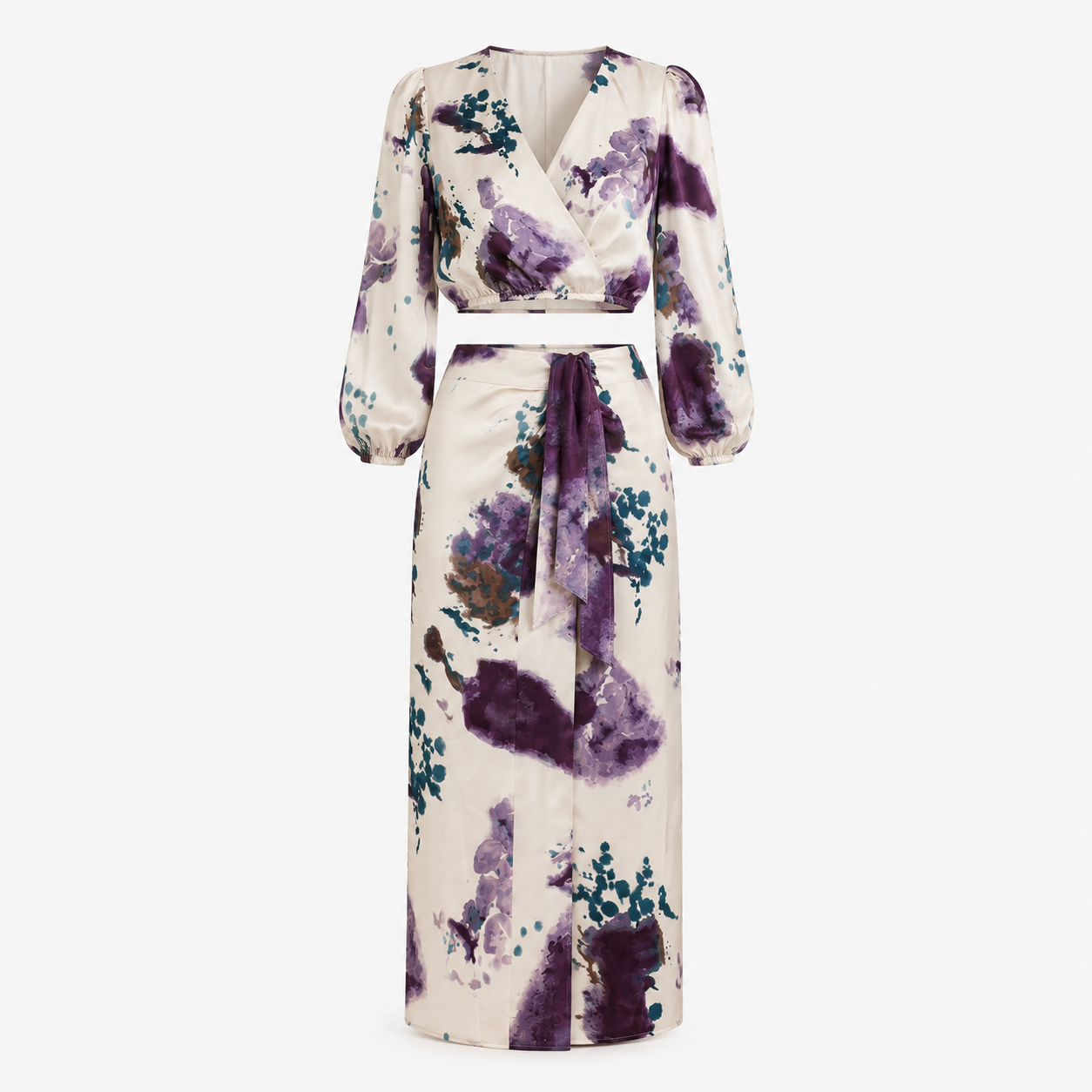 Cordelia Hughes | Watercolour Floral Two-Piece Set – Wrap Blouse & Midi Skirt