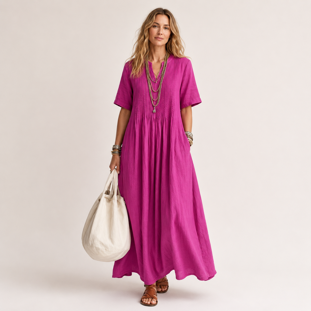 Cordelia Thompson | Elegant Pleated Linen Maxi Dress