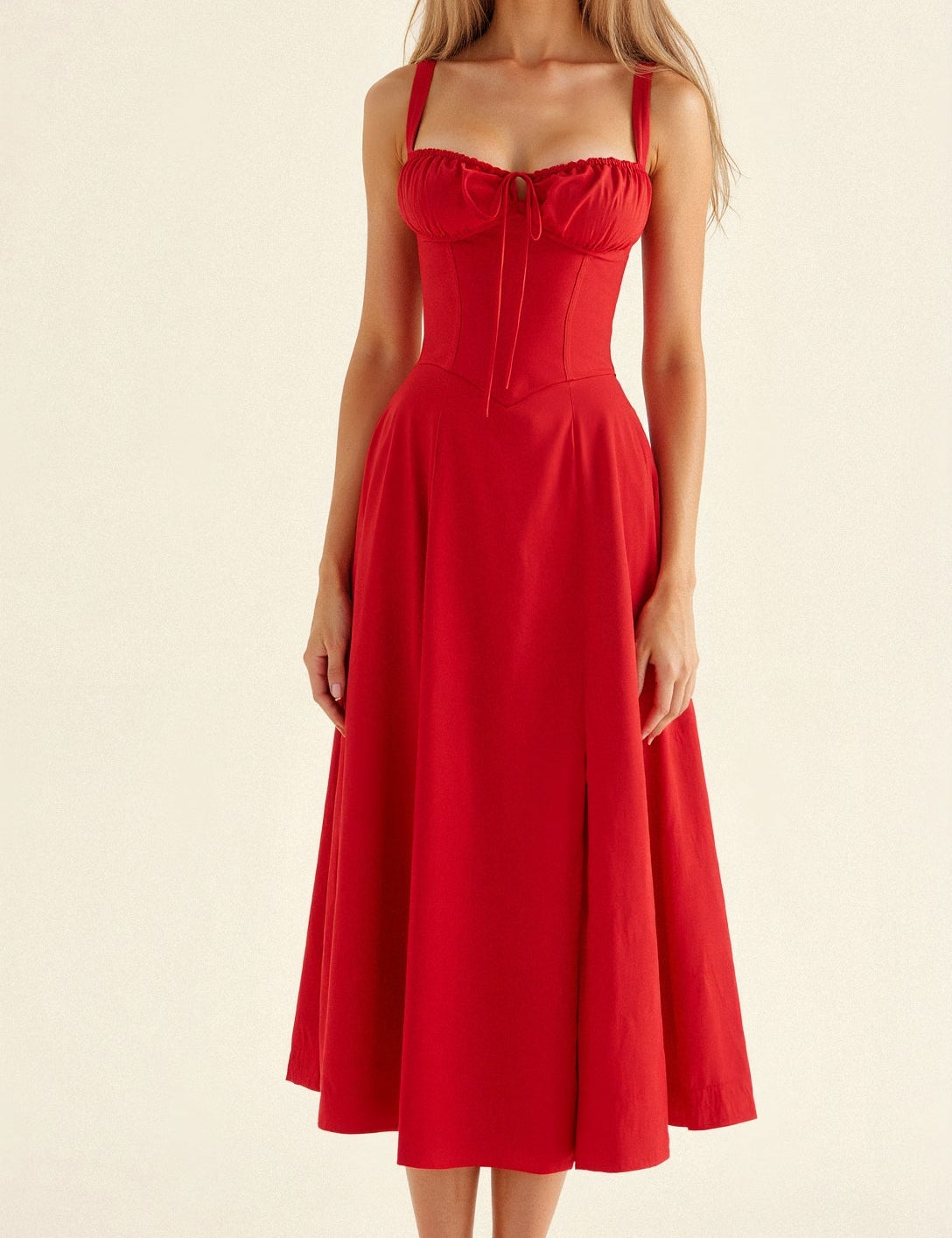 Isabeau Renard | Corset Midi Dress – Tailored Waist and Flowing Skirt