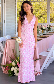 Daphne Leroux | Pink Floral V-Neck Maxi Dress