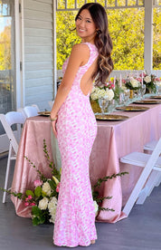 Daphne Leroux | Pink Floral V-Neck Maxi Dress