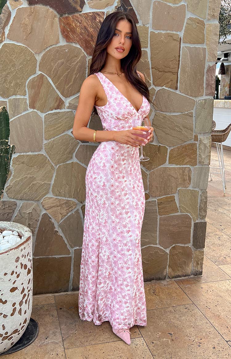Daphne Leroux | Pink Floral V-Neck Maxi Dress