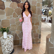 Daphne Leroux | Pink Floral V-Neck Maxi Dress