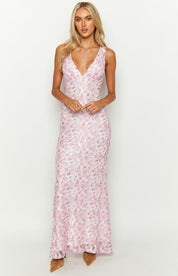 Daphne Leroux | Pink Floral V-Neck Maxi Dress
