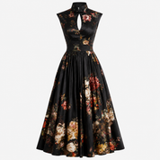 Dorothea Reynolds | Noirelle Vintage Floral Midi Dress with Keyhole Mandarin Collar