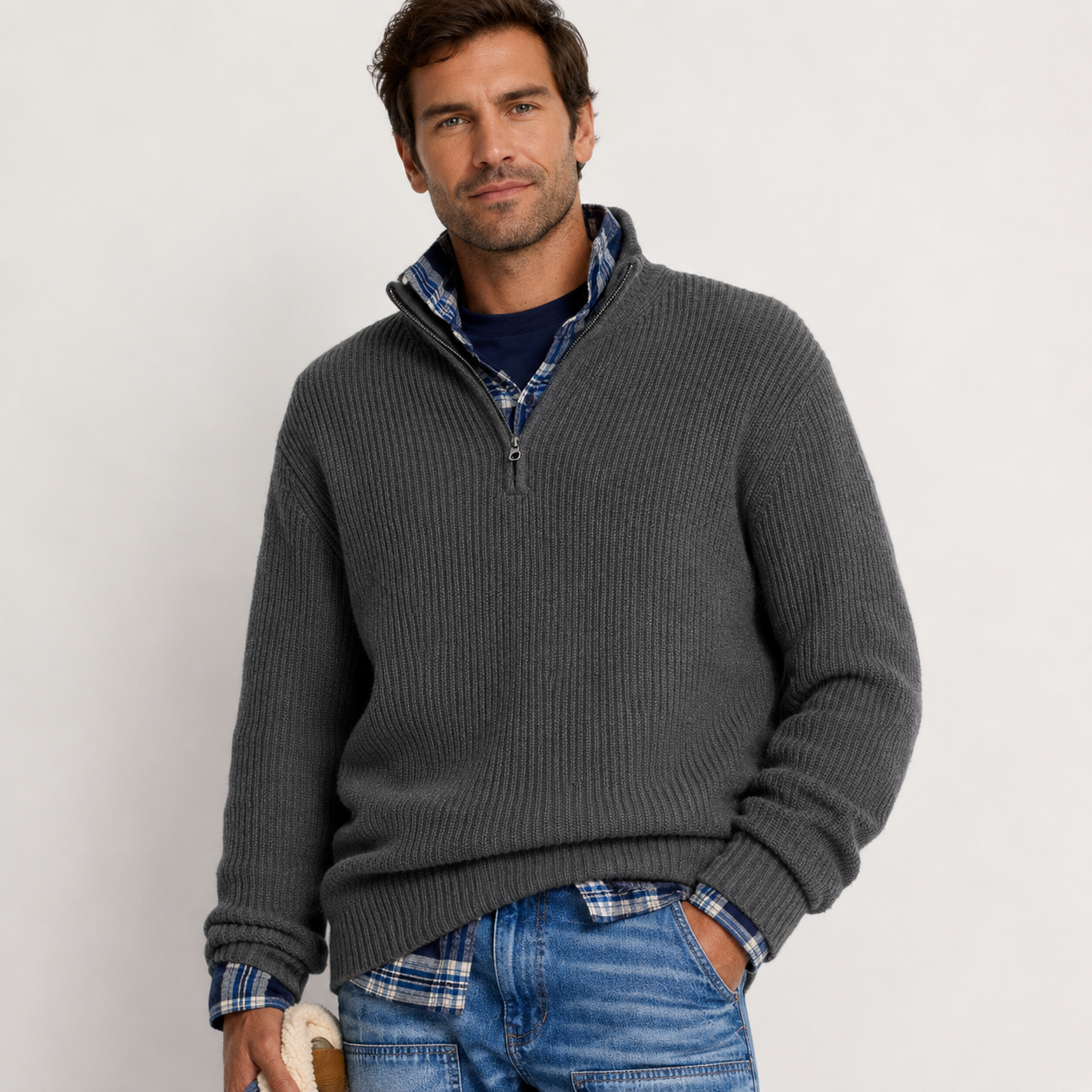 Edmund Reeves | Ribbed Knit Half-Zip Sweater Charcoal