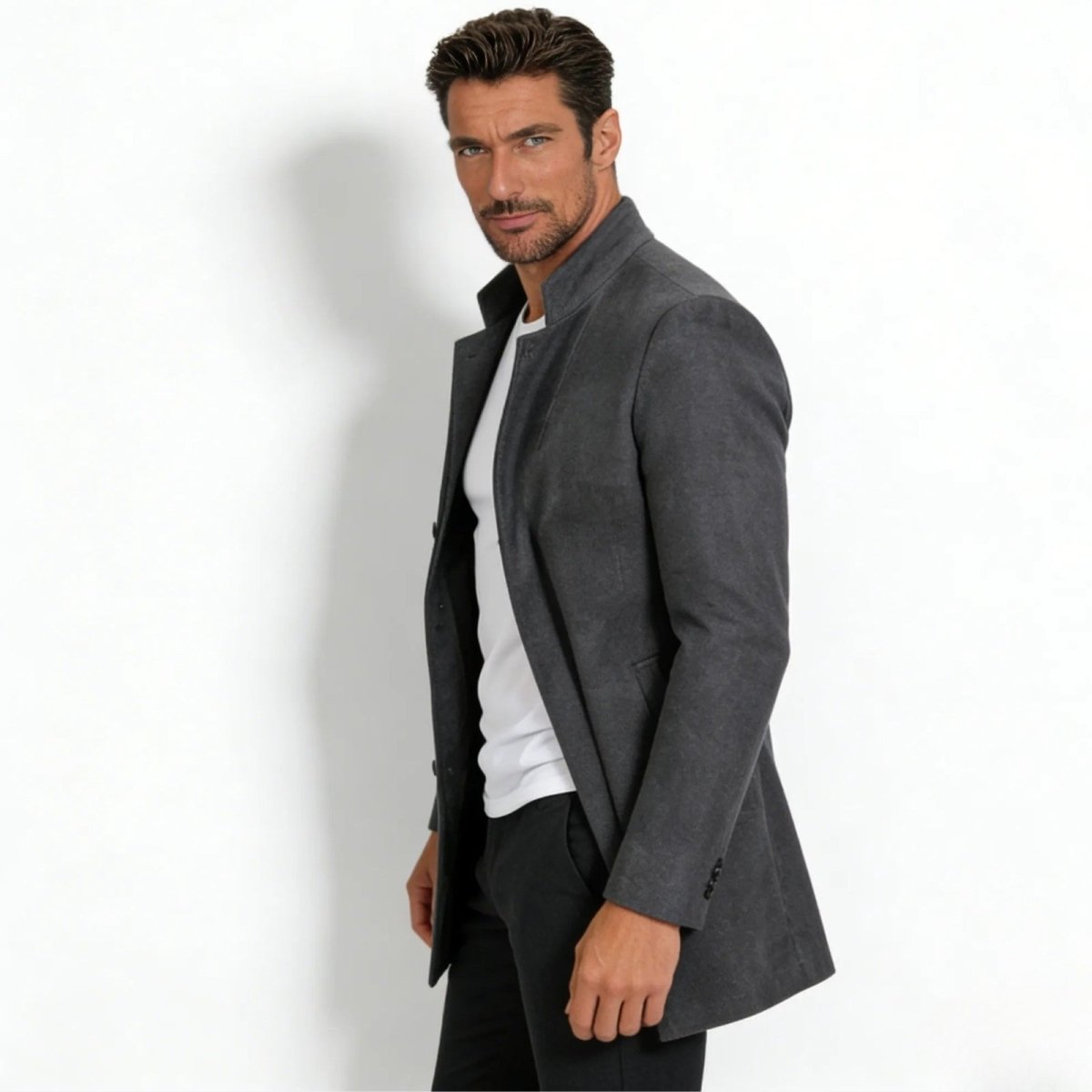Edward Moretti | Stand Collar Wool Overcoat with Signature Elegance