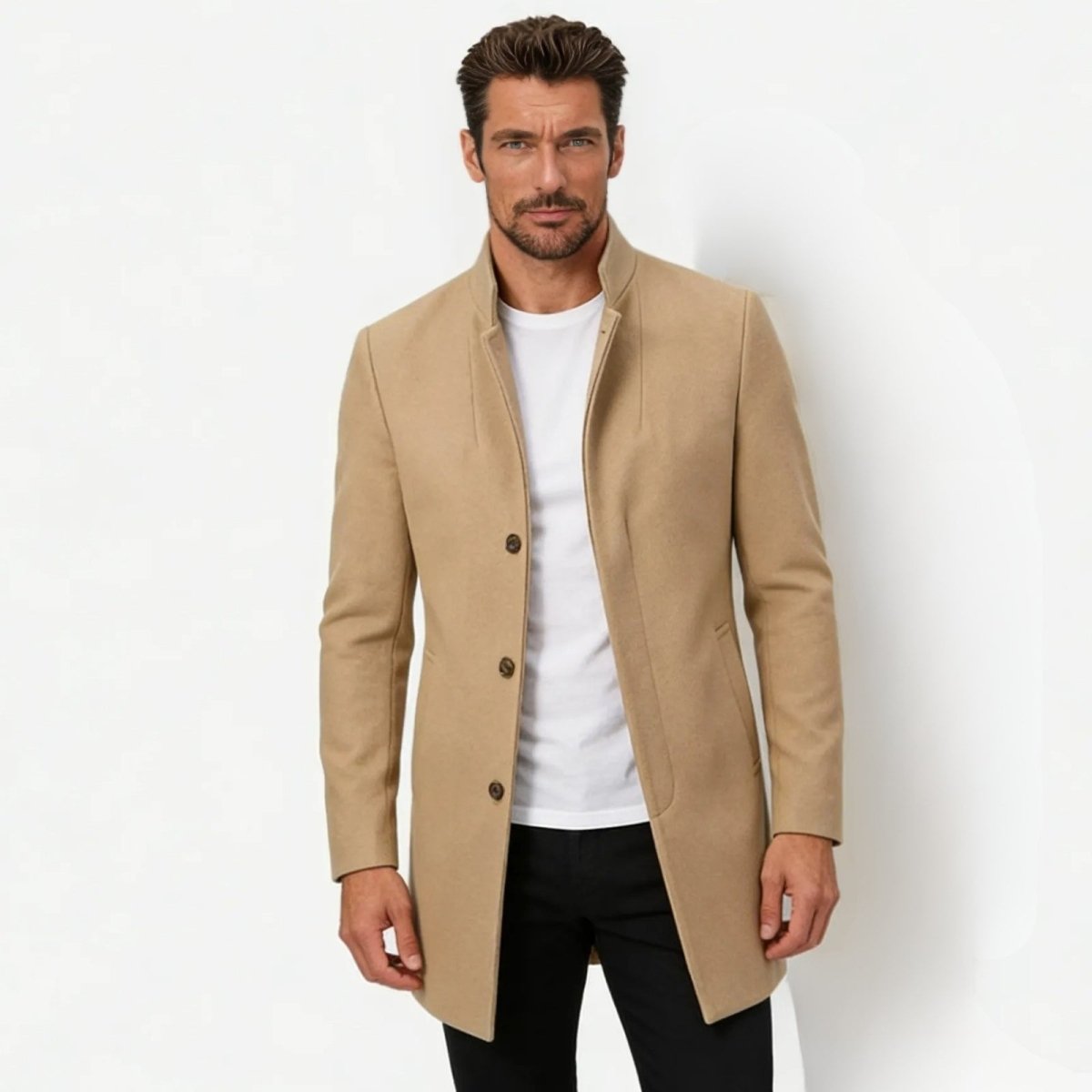 Edward Moretti | Stand Collar Wool Overcoat with Signature Elegance