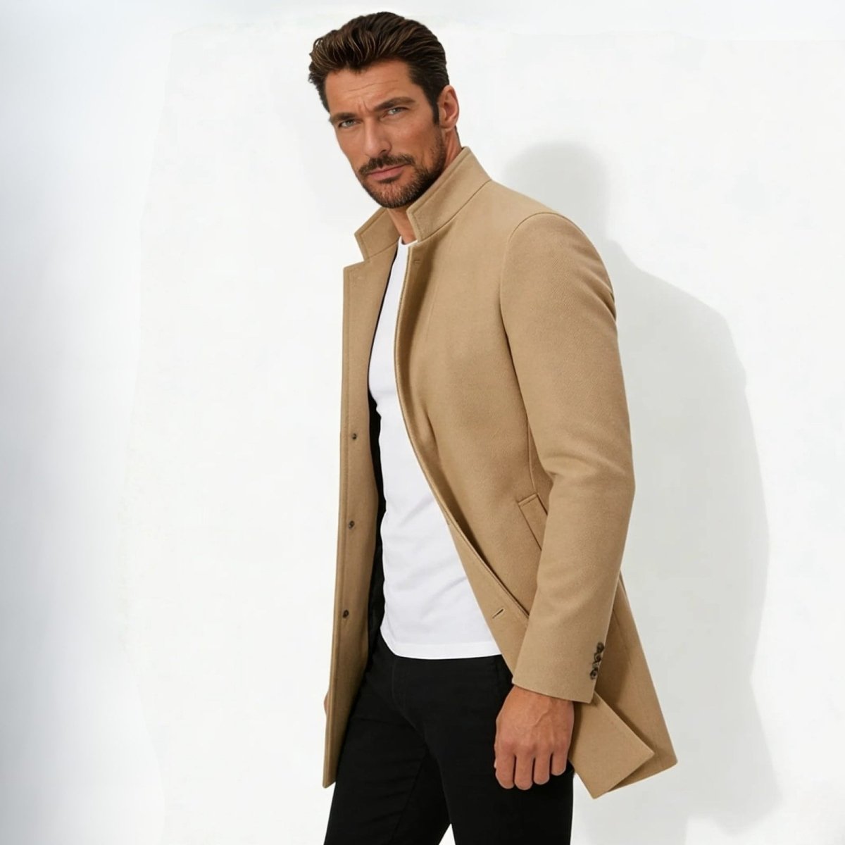 Edward Moretti | Stand Collar Wool Overcoat with Signature Elegance