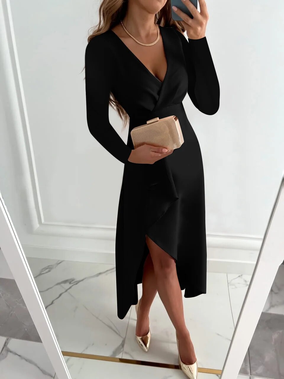 Seraphina Vale | Elegant V-Neck Sheath Midi Dress with Slit Design