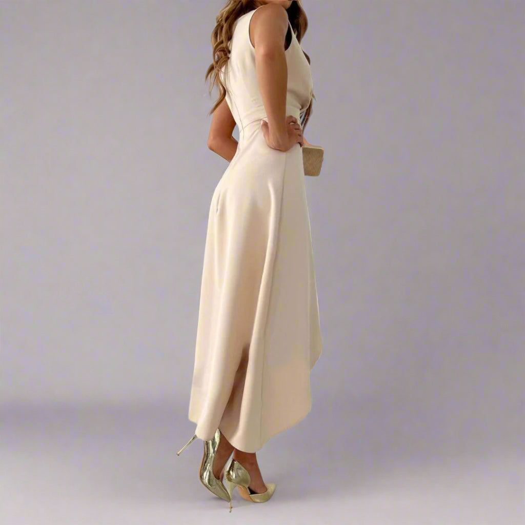 Ella Montgomery | Asymmetrical Beige Ruffle Maxi Dress