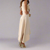 Ella Montgomery | Asymmetrical Beige Ruffle Maxi Dress