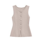 Eloise Castermaine | Smart Casual Vest Top Beige Sleeveless Tailored Button Front