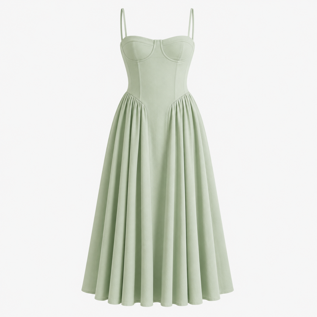 Eleanor Whitfield | Sage Green Corset Midi Dress – Structured Pleated