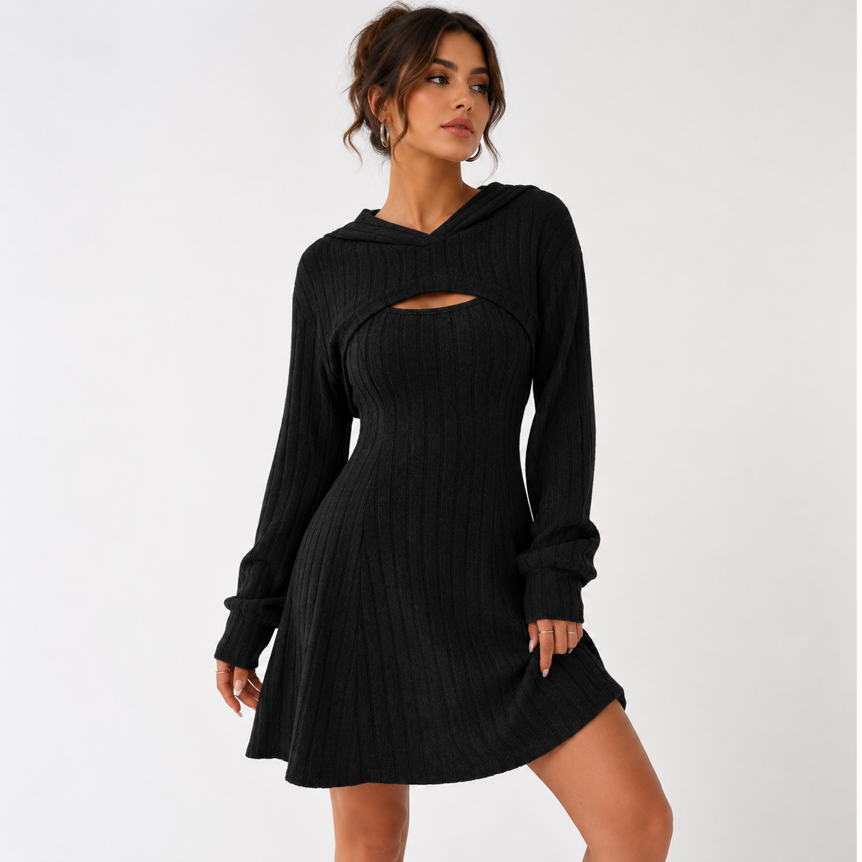 Emily Jones | Hooded Ribbed Knit Mini Dress Set