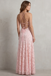 Florielle Scott | Romantic Floral Appliqué Sleeveless Maxi Dress in Blush Pink