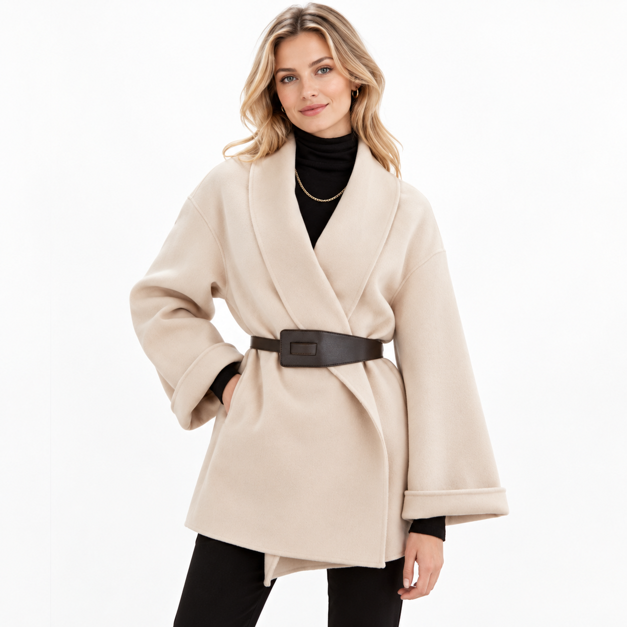 Manteau portefeuille camel Freya Ashcombe avec large col à revers