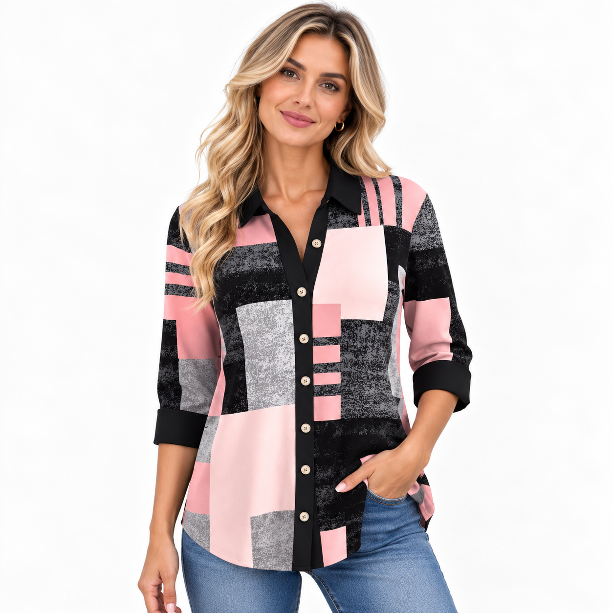 Freya Mansfield | Colour Block Print Blouse With Button Detail