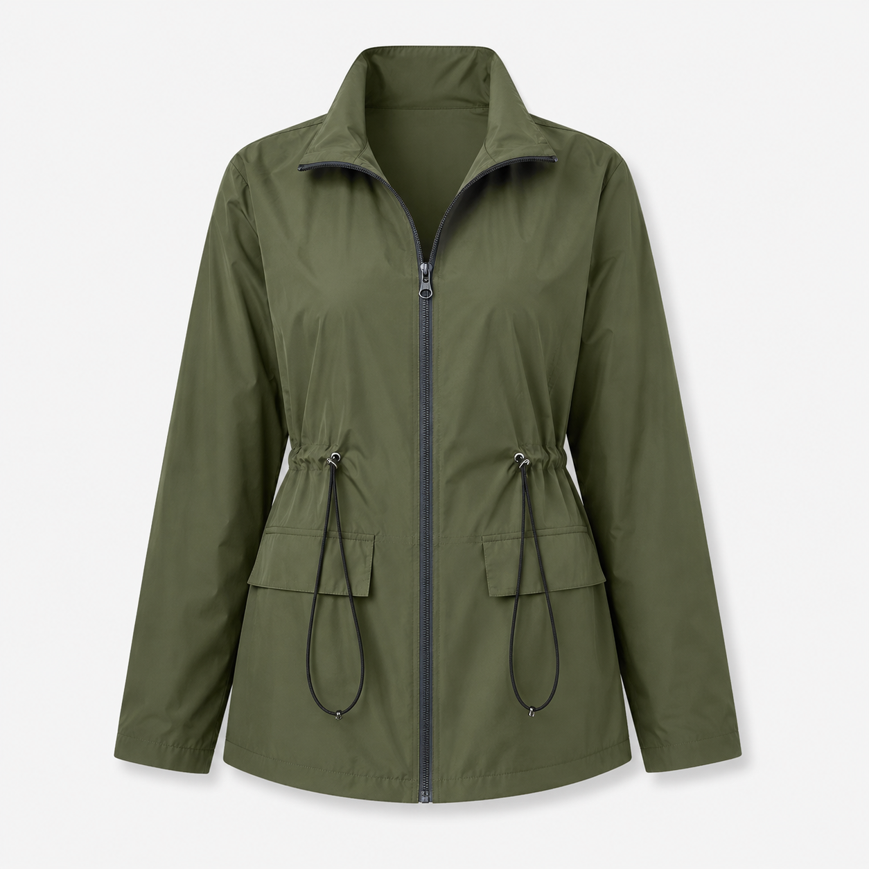 Freya Thompson | Imperméable à capuche à cordon de serrage, veste coupe-vent zippée sur le devant
