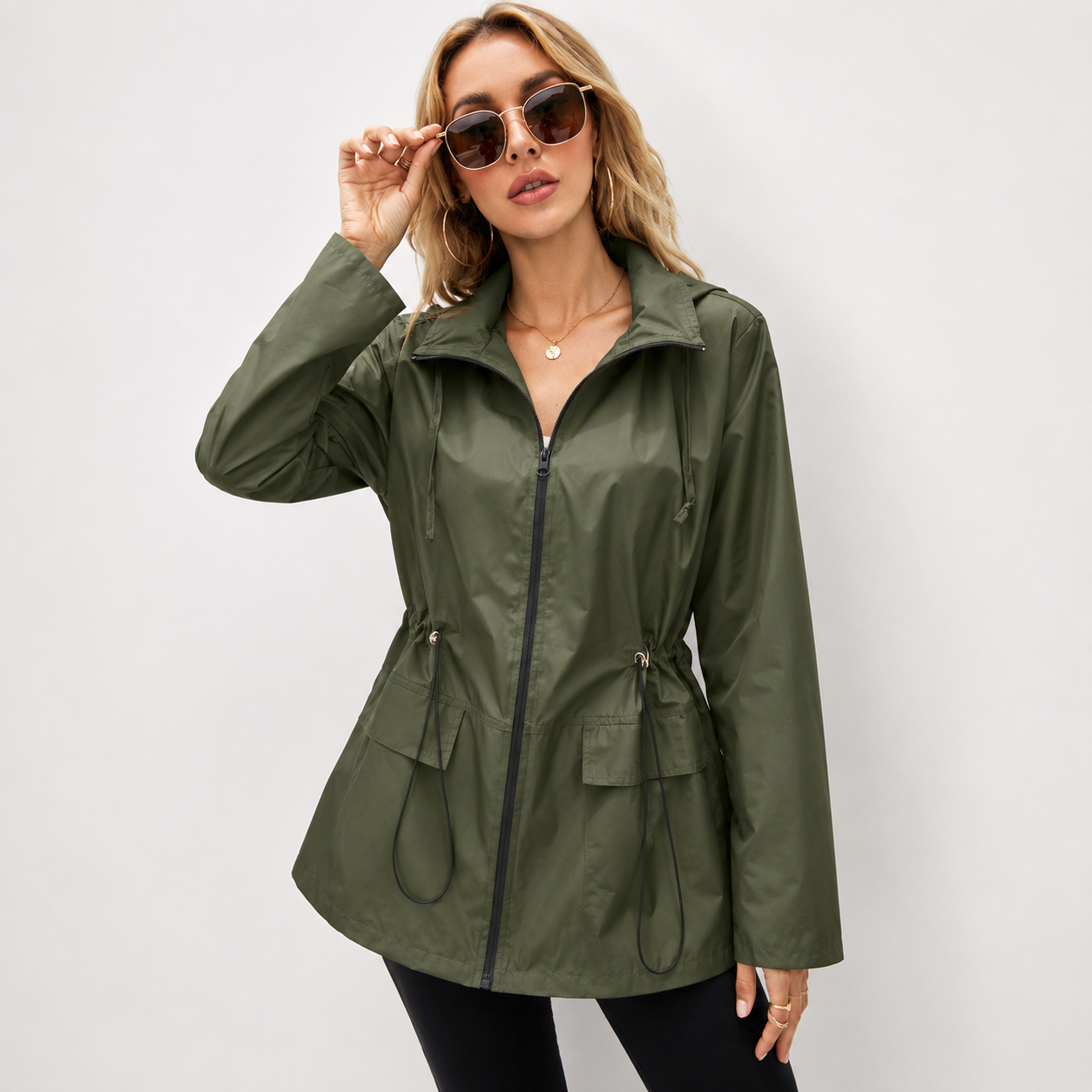 FreyaThompsonHoodedDrawstringRaincoatZip-FrontWindproofJacket-model.png